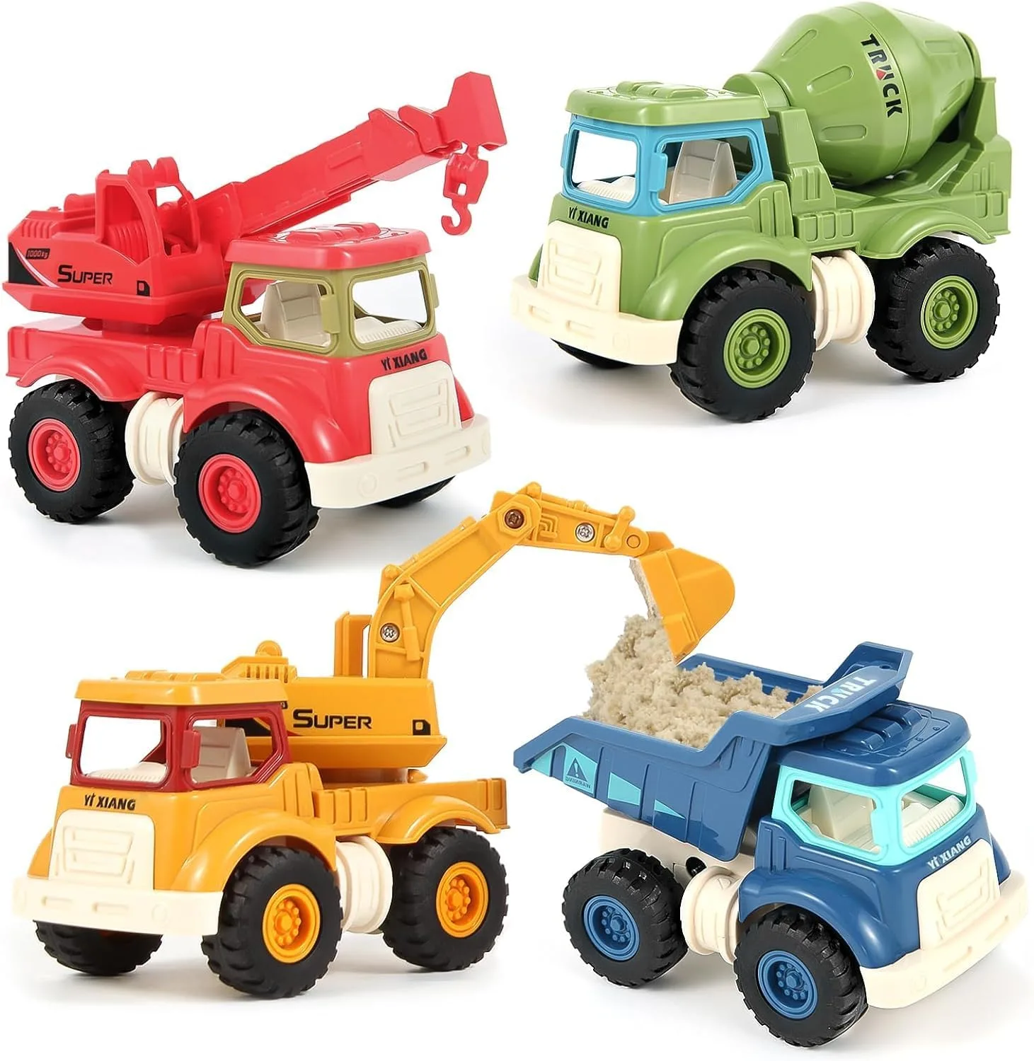 Construction Toys, Sandbox Excavator Toy, Construction Truck Toys, Vehicles Dump Crane Cement Mixer Truck, Birthday Gifts, Bulldozer Toy, For 1 2 3 4 5 Years Old Boys Girls Kids Toddlers (4 Pack)