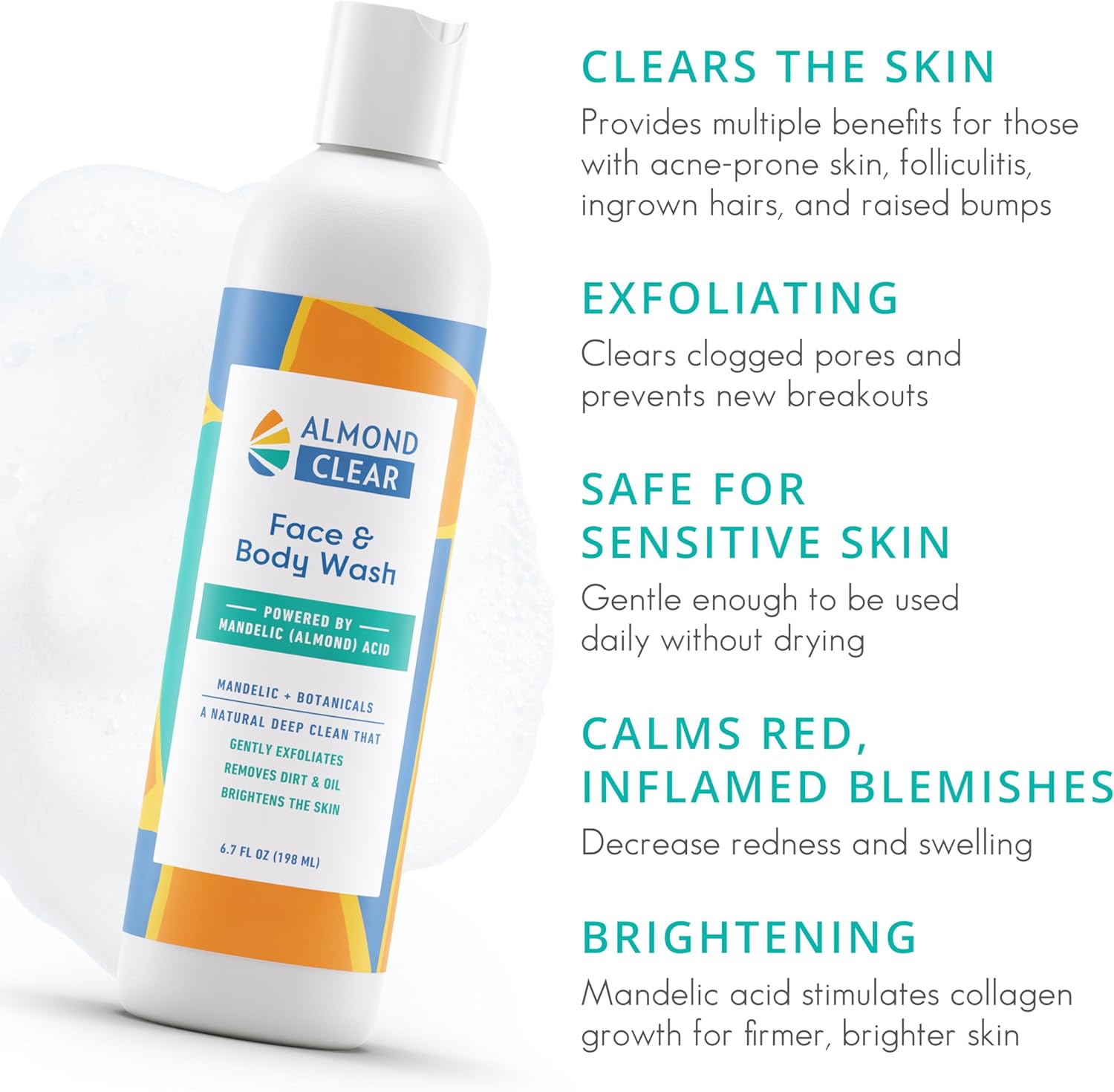 Almond Clear Face & Body Wash | for acne & folliculitis-prone skin, anti-aging, dark spots, ingrown hairs | everyday exfoliating cleanser with mandelic acid and botanicals, 6.7 fl oz 2 Almond Clear Face & Body Wash | for acne & folliculitis-prone skin, anti-aging, dark spots, ingrown hairs | everyday exfoliating cleanser with mandelic acid and botanicals, 6.7 fl oz - الصورة 2