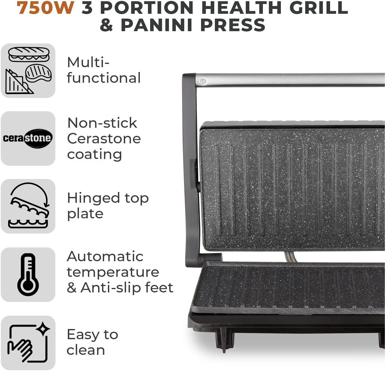Tower T27038 3 Portion Health Grill and Panini Grill with Non-Stick Cerastone Coating, 750W, Black & Stainless Steel 2 Tower T27038 3 Portion Health Grill and Panini Grill with Non-Stick Cerastone Coating, 750W, Black & Stainless Steel - الصورة 2