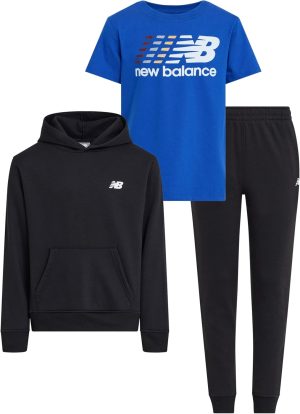 New Balance 3Pc Sweatsuit for Boys & Toddlers - Pullover Hoodie, T-Shirt, Jogger, Kids Soft Cotton Blend Fleece (2T-12)