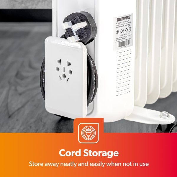 ⁦Geepas Oil Filled Radiator Heater, 2500W – Energy Efficient Electric Heater – 3 Power Settings, Adjustable Temperature & Low Running Cost – Ideal for Home Office – 2 Year Warranty, 11 Fins, White⁩ - الصورة ⁦5⁩
