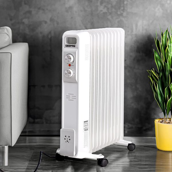 ⁦Geepas Oil Filled Radiator Heater, 2500W – Energy Efficient Electric Heater – 3 Power Settings, Adjustable Temperature & Low Running Cost – Ideal for Home Office – 2 Year Warranty, 11 Fins, White⁩ - الصورة ⁦3⁩