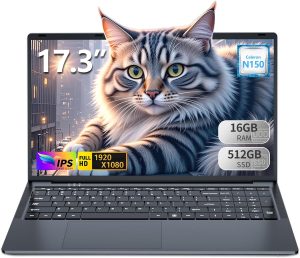 2025 17.3 Inch Laptop, 16GB DDR4 512GB SSD Gaming Laptop, Celeron N150 (4C/4T, Up to 3.6GHz) Laptop Computer, WiFi 5 BT 4.2, Backlit Keyboard, 6Hr Battery, USB 3.0, HDMI, Win 11 Pro Business Laptop