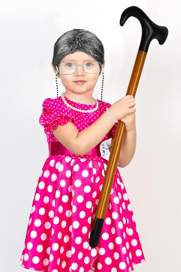 ⁦KASTWAVE 100 Days of School Old Lady Cosplay Set, Kids 100 Days of School Grandma Wigs, With Wig, Glasses, Faux Pearl Necklace, Bracelet, Inflatable Canes, Kerchief (7 Pieces)⁩ - الصورة ⁦6⁩
