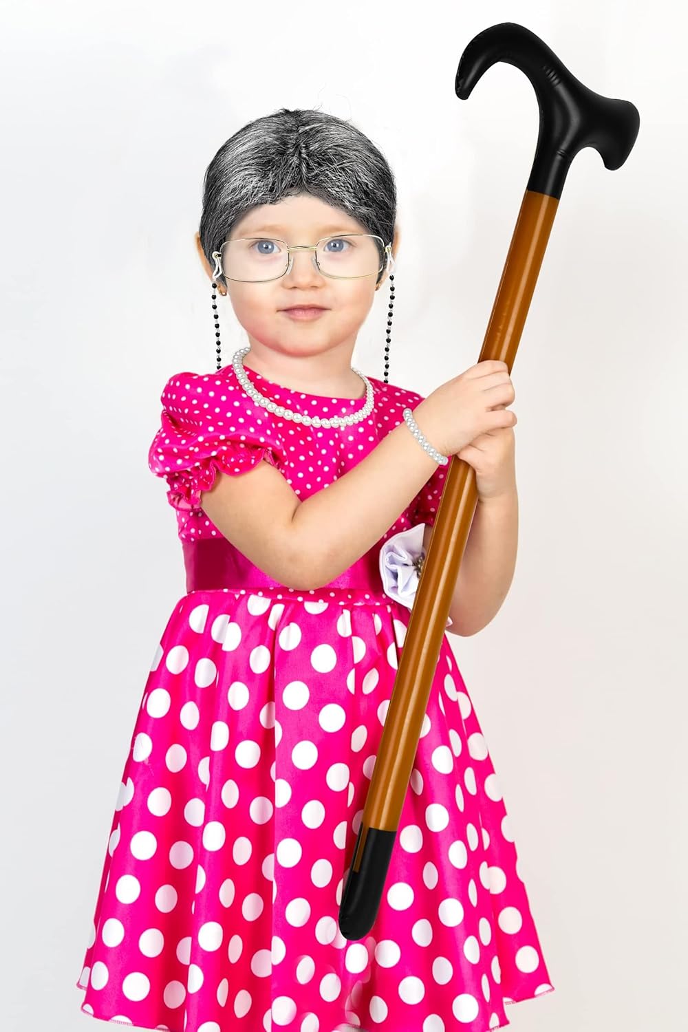 KASTWAVE 100 Days of School Old Lady Cosplay Set, Kids 100 Days of School Grandma Wigs, With Wig, Glasses, Faux Pearl Necklace, Bracelet, Inflatable Canes, Kerchief (7 Pieces) 6 KASTWAVE 100 Days of School Old Lady Cosplay Set, Kids 100 Days of School Grandma Wigs, With Wig, Glasses, Faux Pearl Necklace, Bracelet, Inflatable Canes, Kerchief (7 Pieces) - الصورة 6