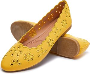 Women's Ballet Flats Black PU Leather Dress Shoes Comfortable Round Toe Slip on Flats with Floral Eyelets