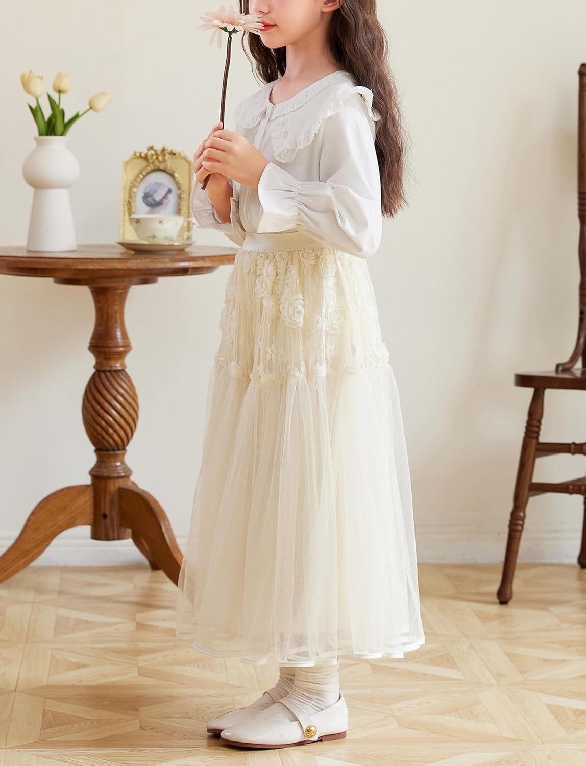 SEAUR Girls Tulle Skirt with Rose Decor Long Skirt for Girls Tutu Flower Cute Casual Party Everyday Wear Summer 5-12 Years 3 SEAUR Girls Tulle Skirt with Rose Decor Long Skirt for Girls Tutu Flower Cute Casual Party Everyday Wear Summer 5-12 Years - الصورة 3