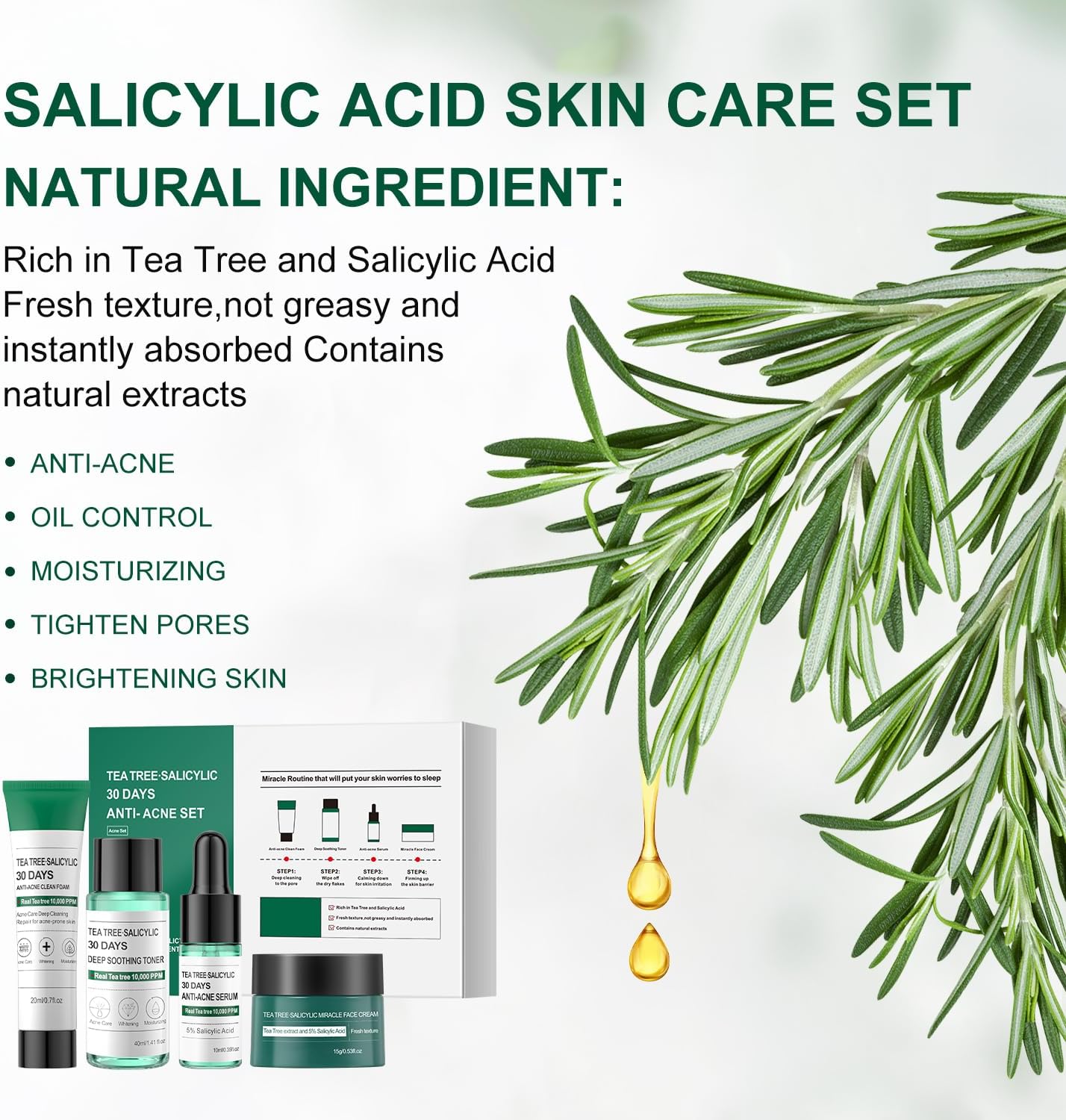 Tea Tree Salicylic Acid Facial Skin Care Set, Acne Treatment Skincare Set ,Skincare Mini Kit, Facial Kit Gifts for Women,Cleanser, Toner, Serum, Cream,Oil Control Facial Kit, Travel Size Set 4 Tea Tree Salicylic Acid Facial Skin Care Set, Acne Treatment Skincare Set ,Skincare Mini Kit, Facial Kit Gifts for Women,Cleanser, Toner, Serum, Cream,Oil Control Facial Kit, Travel Size Set - الصورة 4