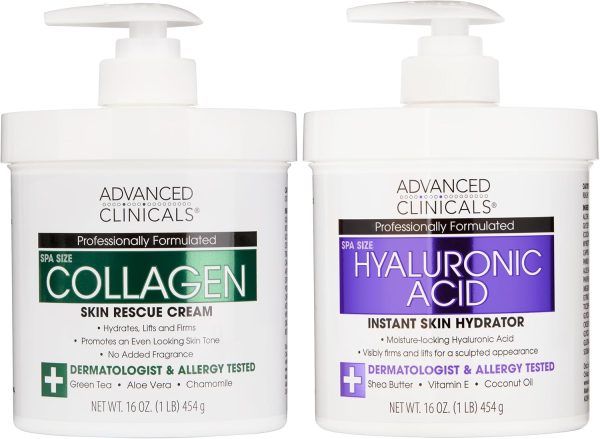 Advanced Clinicals Hyaluronic Acid Body Lotion + Firming Collagen Cream 2pc Skin Care Set | Skin Tightening Body Moisturizer & Face Lotion | Hyaluronic Acid Lotion | Skin Care Products, 2pc Bundle