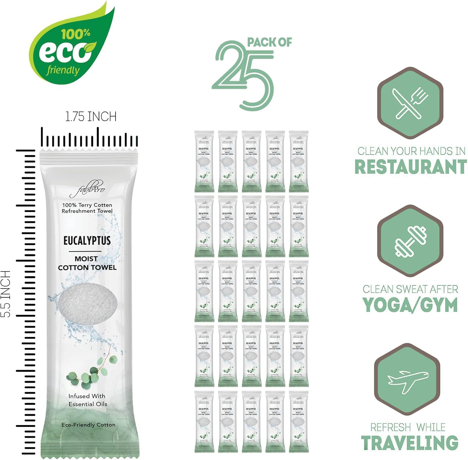 FabbPro Oshibori Moist Terry Cotton Refreshment Towels (25 Pack, 8 x 8 Inches) - White Scented Pre-moistened Towel to Use Hot or Cold (Eucalyptus) 3 FabbPro Oshibori Moist Terry Cotton Refreshment Towels (25 Pack, 8 x 8 Inches) - White Scented Pre-moistened Towel to Use Hot or Cold (Eucalyptus) - الصورة 3