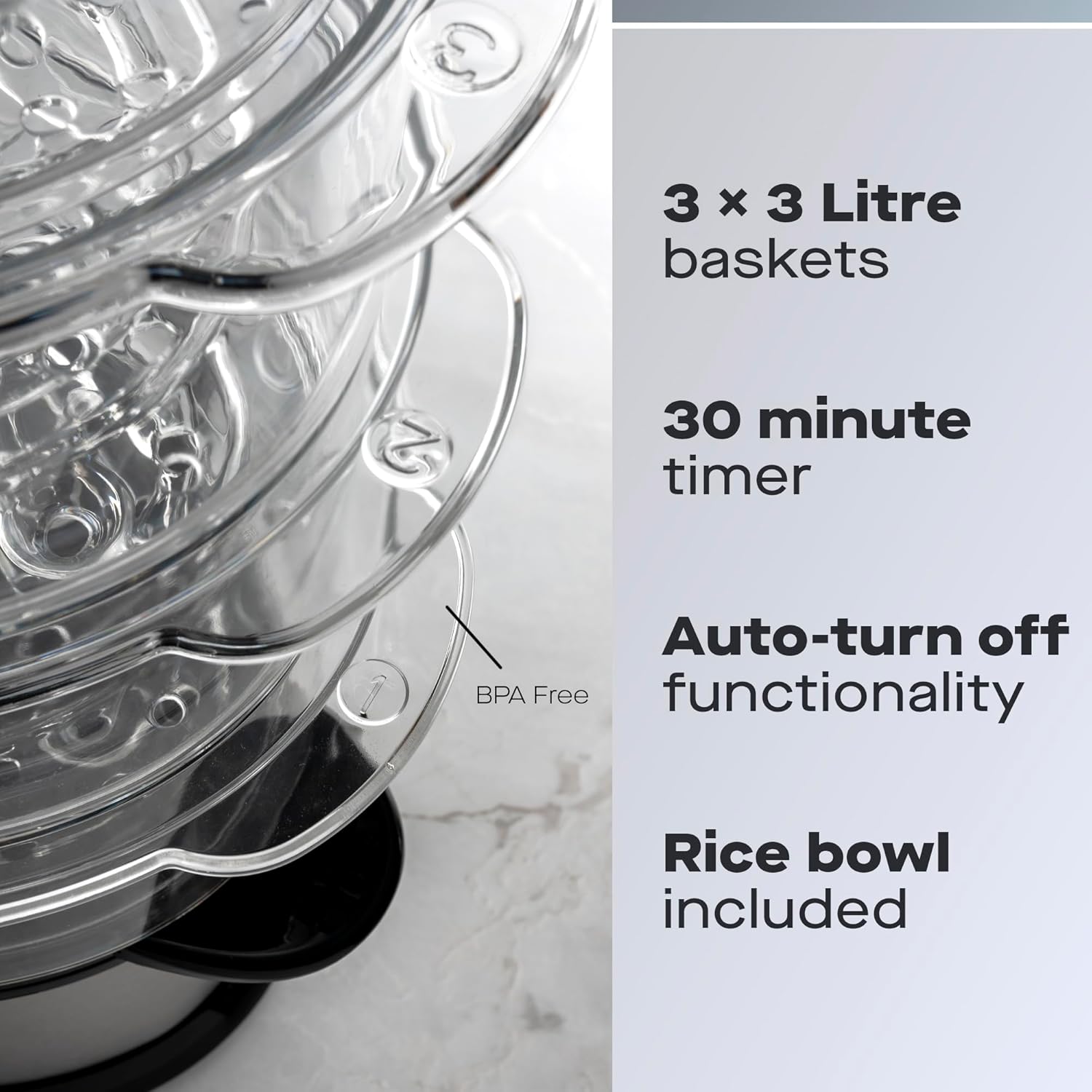 Daewoo SDA1338 3 Tier Family Size Food Steamer, Use for Variety of Foods, BPA Free Dishwasher Safe, Including Rice Bowl, Water Level Indicator, 60 Minute Timer, Energy Saving1200W, Stainless Steel, 9L 2 Daewoo SDA1338 3 Tier Family Size Food Steamer, Use for Variety of Foods, BPA Free Dishwasher Safe, Including Rice Bowl, Water Level Indicator, 60 Minute Timer, Energy Saving1200W, Stainless Steel, 9L - الصورة 2