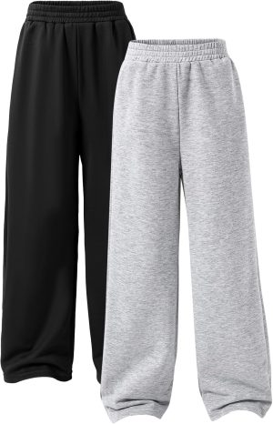 VeryNew 2 Pack Girls Straight Wide Leg Sweatpants Kids Casual High Waisted Baggy Joggers Track Pants for 8-12Y(Gray+Black)