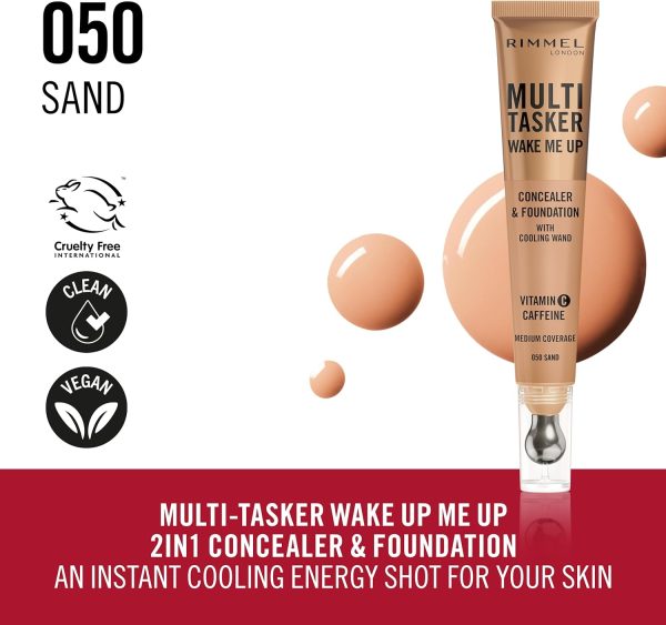 ⁦Rimmel Multi-Tasker Wake Me Up, 50 Sand, Concealer & Foundation, Brightens, Corrects, Buildable Coverage, Radiant Finish, Vegan Formula, 20ml⁩ - الصورة ⁦2⁩