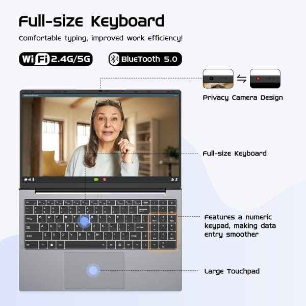 ⁦15.6" Windows 11 Pro Laptop Computer,Intel Core m3 8100Y(up to 3.40 GHz) 16GB RAM 512GB SSD,MS Office 2024 Ultra-Thin and Lightweight Notebook PC with FHD 1920x1080 Display, Dual Band WiFi 5, BT5.0⁩ - الصورة ⁦7⁩