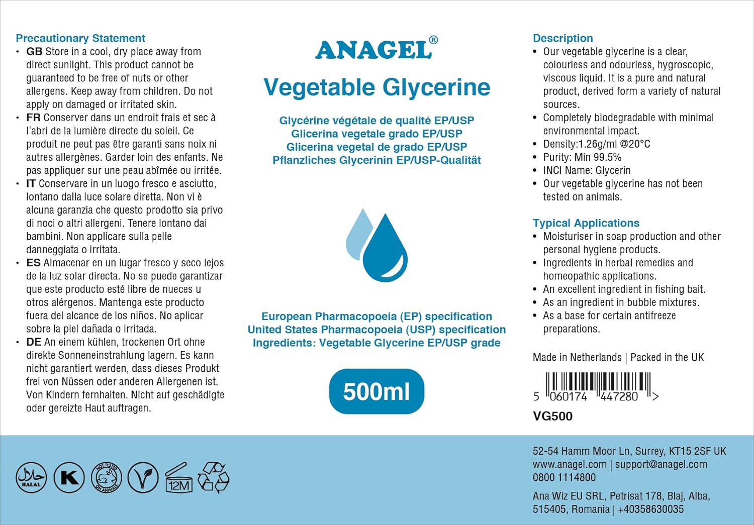 ANAGEL Vegetable Glycerine | EP/USP Grade, NON-GMO, Colourless and Odourless | 500ml 2 ANAGEL Vegetable Glycerine | EP/USP Grade, NON-GMO, Colourless and Odourless | 500ml - الصورة 2