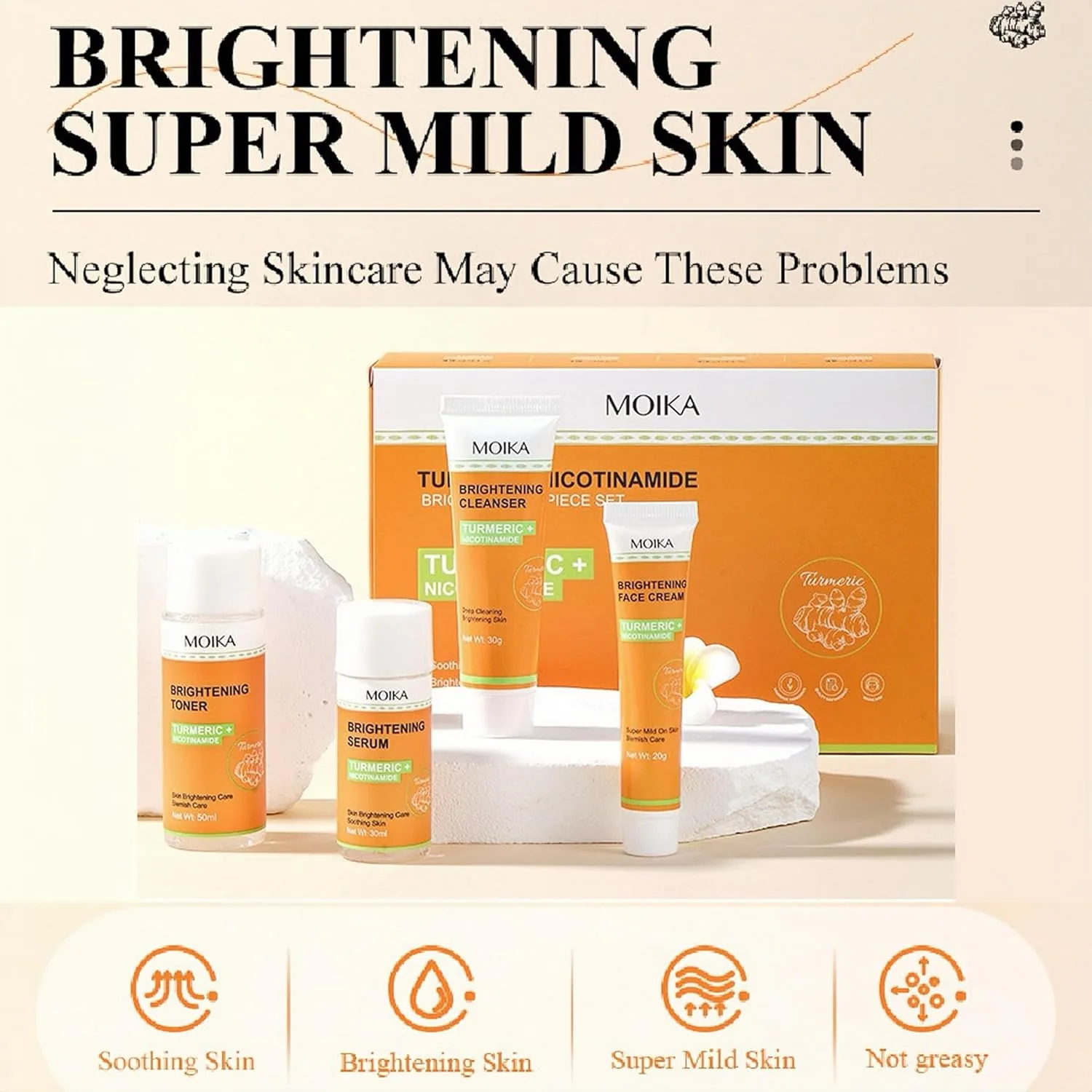 Turmeric Nicotinamide Brightening Skincare Set, 4 Pieces, Locking Moisture, Moisturizing, Super Mild, Cleanser 30g, Toner 50ml, Serum 30ml, Face Cream 20g