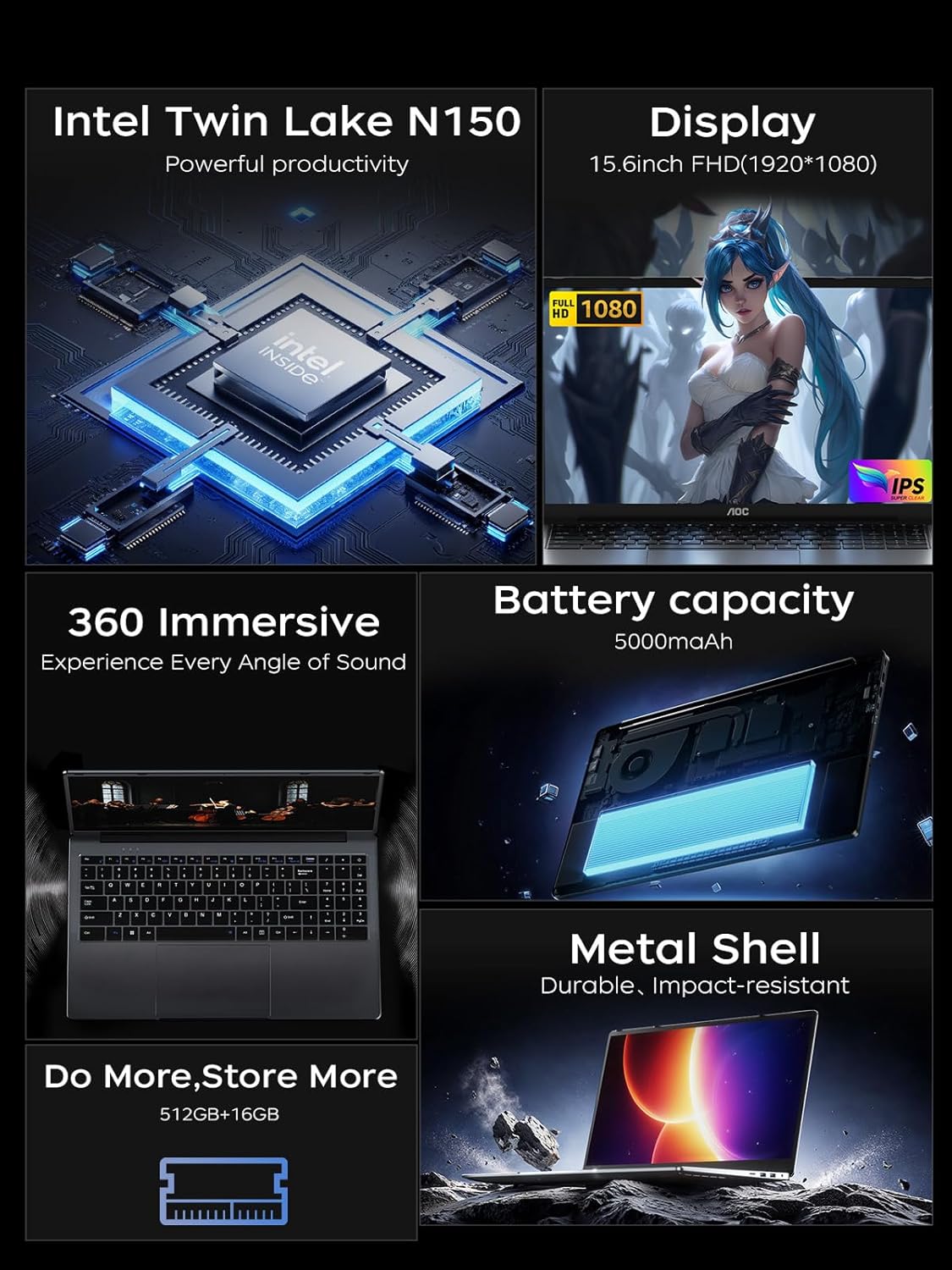 AOC Laptop, Laptop Computer with Intel Processor Twin Lake N150(Up to 3.6GHz) 16GB DDR4 512GB SSD 15.6 Inch FHD Premium Laptop Windows 11 Pro, Metal Shell, Type-C 2 AOC Laptop, Laptop Computer with Intel Processor Twin Lake N150(Up to 3.6GHz) 16GB DDR4 512GB SSD 15.6 Inch FHD Premium Laptop Windows 11 Pro, Metal Shell, Type-C - الصورة 2