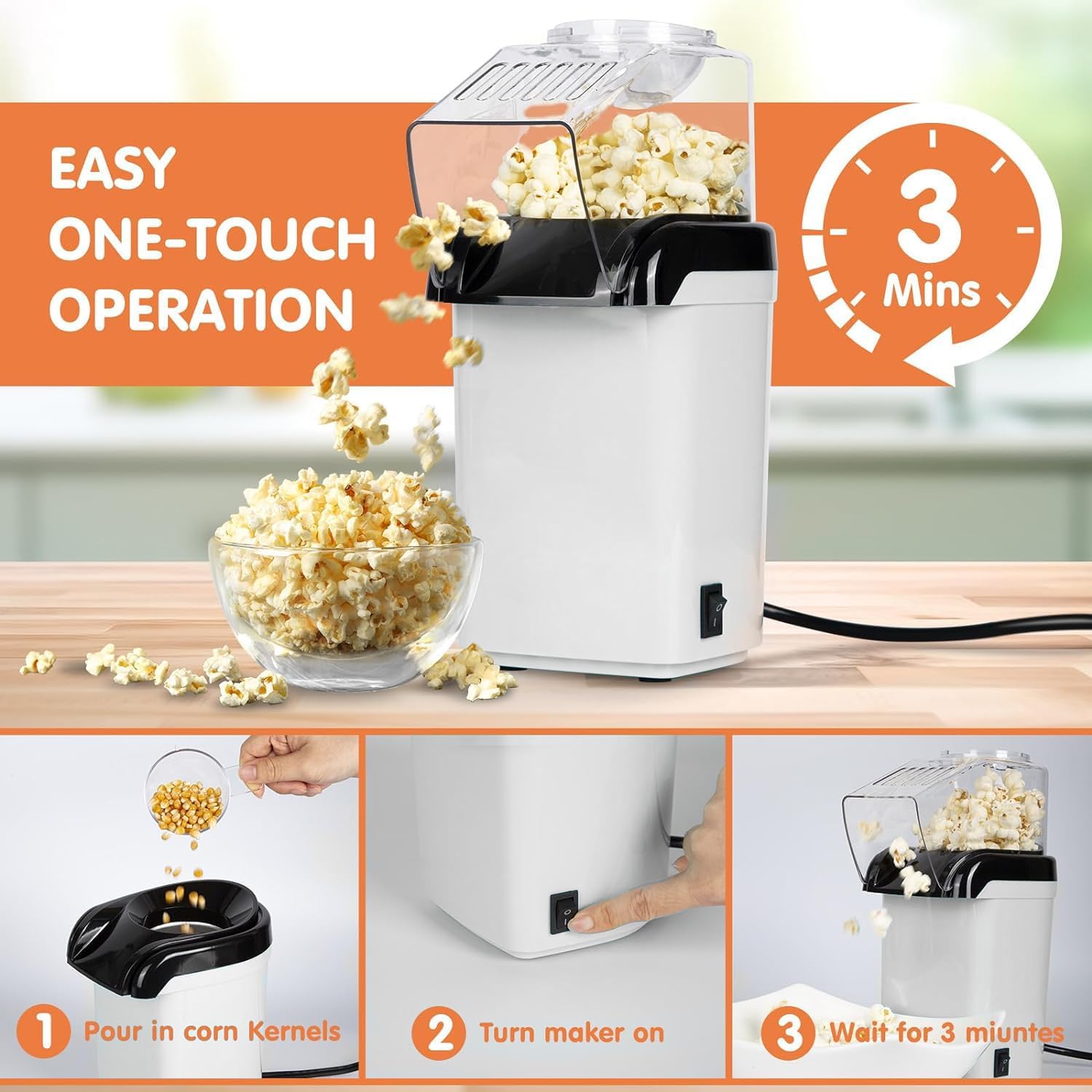 ALMEKAQUZ Popcorn Popper Machine Electric Hot Air Popcorn Maker with Measuring Cup & Butter Melting Tray, High Popping Rate, 2 Min Fast Making Popcorn Healthy Oil Free for Home Kids Movie Night 3 ALMEKAQUZ Popcorn Popper Machine Electric Hot Air Popcorn Maker with Measuring Cup & Butter Melting Tray, High Popping Rate, 2 Min Fast Making Popcorn Healthy Oil Free for Home Kids Movie Night - الصورة 3
