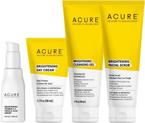 Acure Brightening Starter Kit - Cleansing Gel, Facial Scrub, Day Cream, and Vitamin C & Ferulic Acid Serum - All Skin Types - Softens, Detoxifies and Cleanses For Natural Glowing Skin