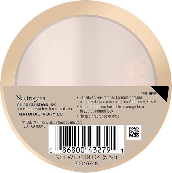 ⁦Neutrogena Mineral Sheers Lightweight Loose Powder Makeup Foundation with Vitamins A, C, & E, Sheer to Medium Buildable Coverage, Skin Tone Enhancer, Face Redness Reducer, Natural Ivory 20,.19 oz⁩ - الصورة ⁦8⁩