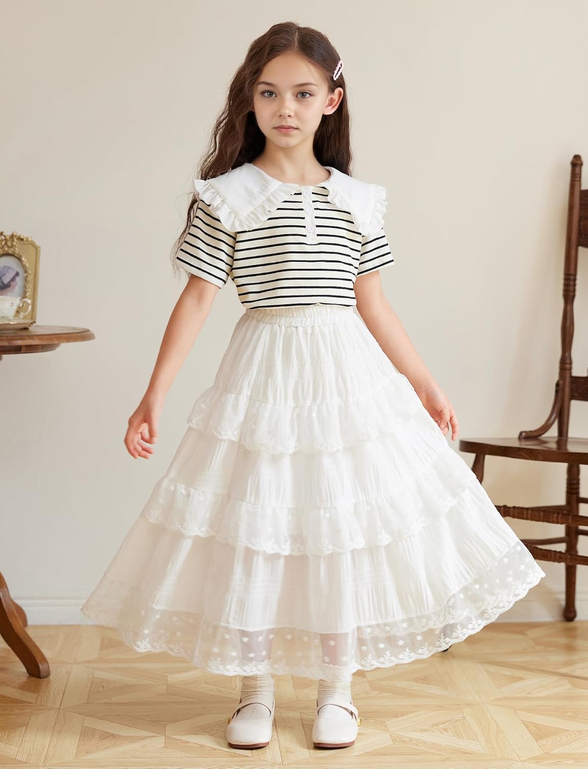 SEAUR Girls Maxi Skirt with Ruffle Tier Casual Kids Skirt with Pocket A-Line Elastic Waist Cotton Blend School Daily Casual Party Summer Wear 3-12 Years 3 SEAUR Girls Maxi Skirt with Ruffle Tier Casual Kids Skirt with Pocket A-Line Elastic Waist Cotton Blend School Daily Casual Party Summer Wear 3-12 Years - الصورة 3