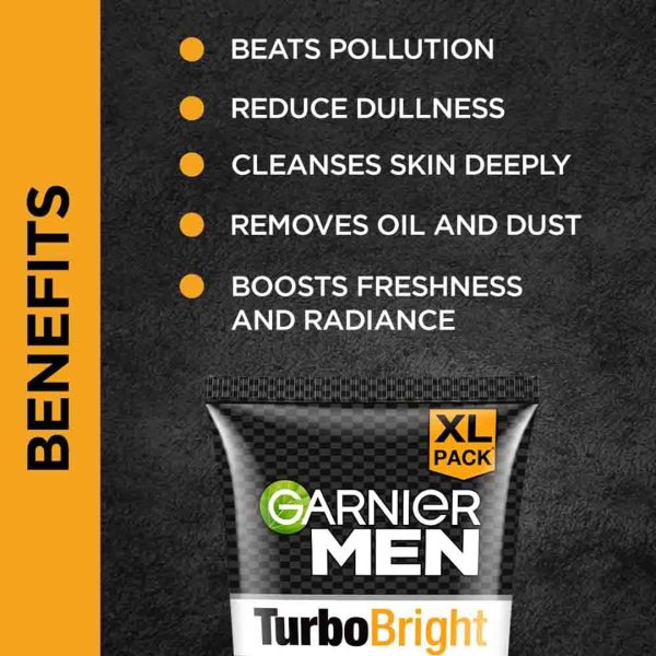 ⁦Garnier Men Turbo Bright Double Action Face Wash, Deep Cleansing Anti Pollution Face Wash with Charcoal and Vitamin C, Suitable for all Skin Types, 150g⁩ - الصورة ⁦5⁩