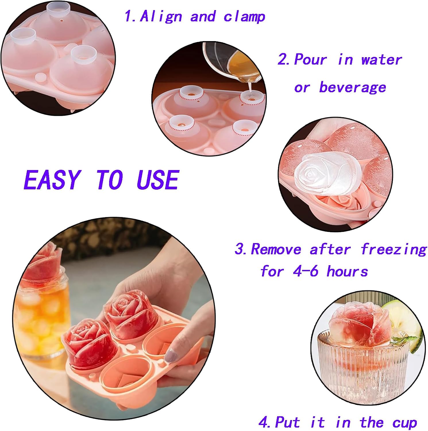 Duomama 3D Rose Ice Cube Maker - Make 4 Rose Shape Ice Cubes - Silicone Fun Big Ice Ball Maker for fruit juices coffee, tea, and more, Dishwasher Safe 6 Duomama 3D Rose Ice Cube Maker - Make 4 Rose Shape Ice Cubes - Silicone Fun Big Ice Ball Maker for fruit juices coffee, tea, and more, Dishwasher Safe - الصورة 6