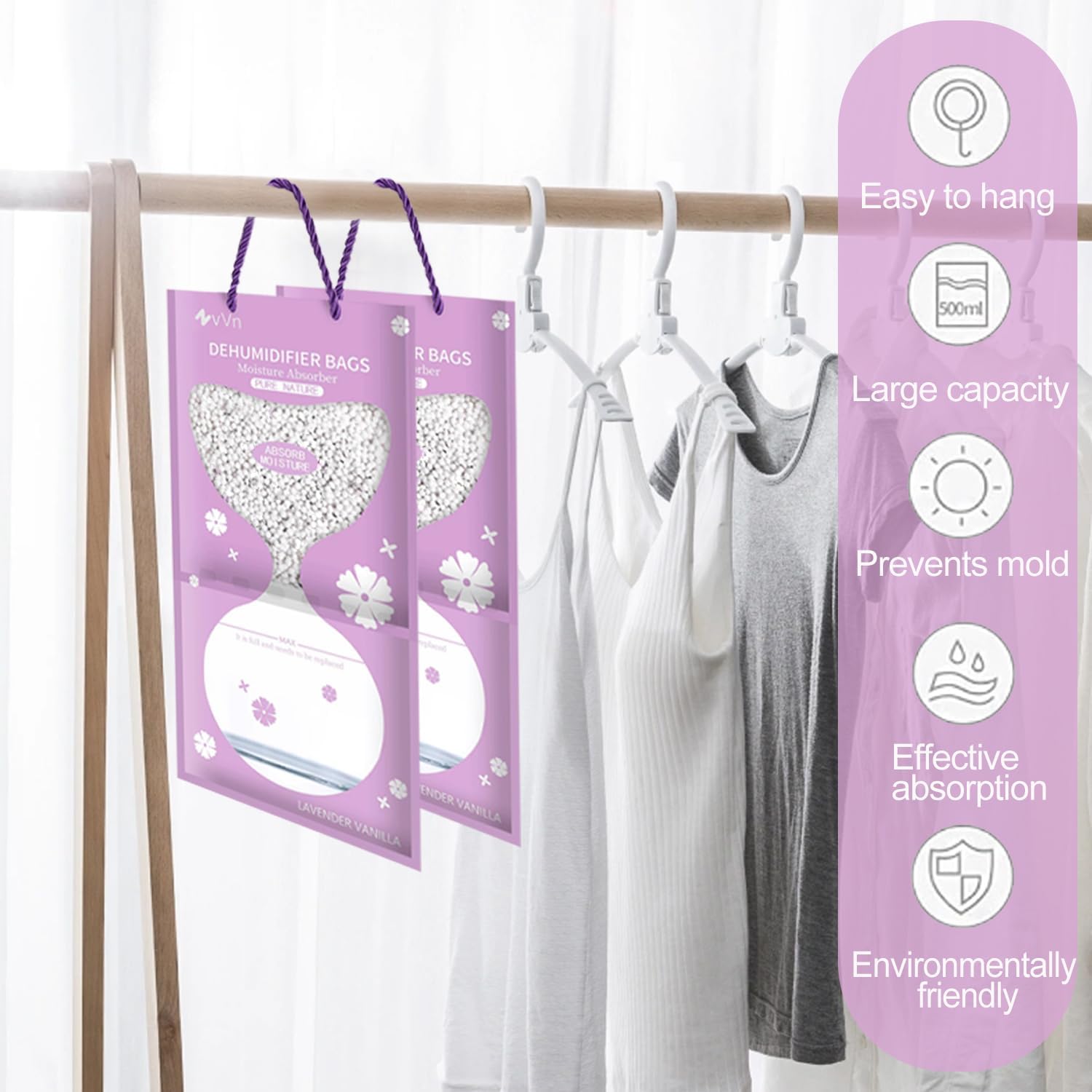 Hanging Dehumidifier, Humidity Pack 4 Packs 95 g x 500 ml, Dehumidifier Cabinet with Moisture Catcher Crystals, for Cabinets, Home, Kitchen, Garage, Moisture, Anti-Mould, Deodorising (Purple) 3 Hanging Dehumidifier, Humidity Pack 4 Packs 95 g x 500 ml, Dehumidifier Cabinet with Moisture Catcher Crystals, for Cabinets, Home, Kitchen, Garage, Moisture, Anti-Mould, Deodorising (Purple) - الصورة 3