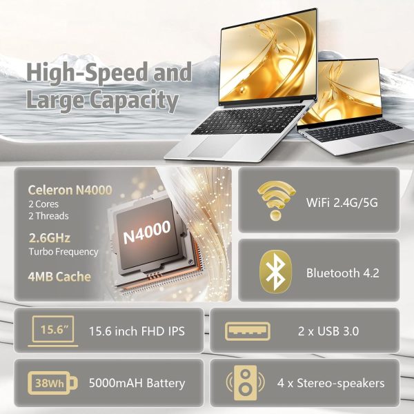 ⁦15.6 inch Laptop, Laptops with Celeron N4000, 2025 Gaming Laptop for 8GB LPDDR4 256GB SSD, IPS FHD 1920x1080, WiFi+BT4.2+Mini HDMI+TF Card Slot, Traditional Laptops Computers Convertible 180° Netbook⁩ - الصورة ⁦3⁩