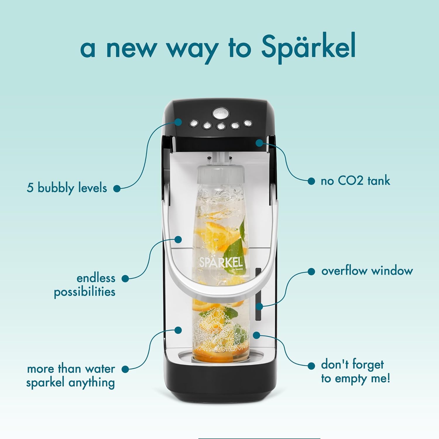 Spärkel Beverage System (Black) - Sparkling Water and Soda Maker - A New Way of Sparkling - Use Fresh & Natural Ingredients - No CO2 Tank Needed 5 Spärkel Beverage System (Black) - Sparkling Water and Soda Maker - A New Way of Sparkling - Use Fresh & Natural Ingredients - No CO2 Tank Needed - الصورة 5