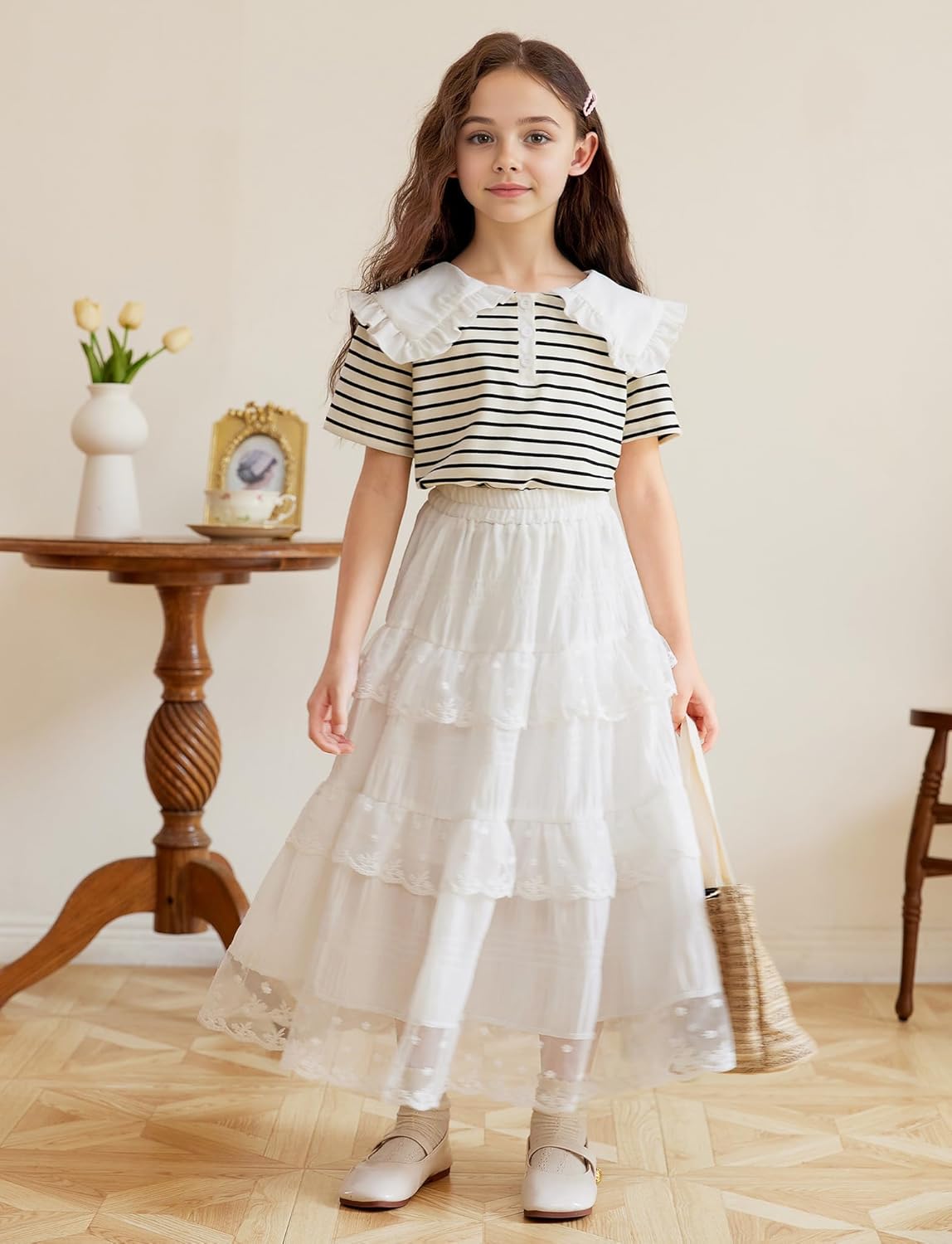 SEAUR Girls Maxi Skirt with Ruffle Tier Casual Kids Skirt with Pocket A-Line Elastic Waist Cotton Blend School Daily Casual Party Summer Wear 3-12 Years 4 SEAUR Girls Maxi Skirt with Ruffle Tier Casual Kids Skirt with Pocket A-Line Elastic Waist Cotton Blend School Daily Casual Party Summer Wear 3-12 Years - الصورة 4