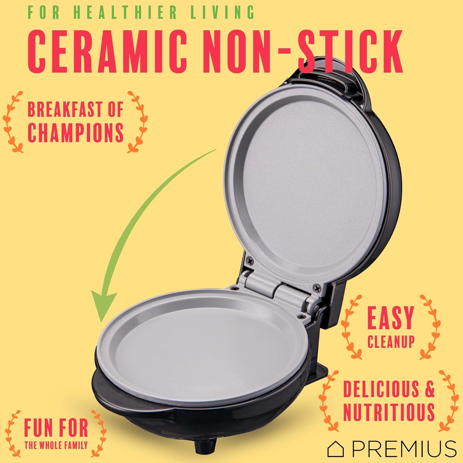 PREMIUS Ceramic NonStick Mini Snack Griddle Maker, 4” Mold, Quick Heat Up, Individual Fluffy Pancakes, Grilled Cheese, Eggs, Pizzas, Cookies & On-the-Go Breakfast & Lunch, Just Add Batter (Black) 4 PREMIUS Ceramic NonStick Mini Snack Griddle Maker, 4” Mold, Quick Heat Up, Individual Fluffy Pancakes, Grilled Cheese, Eggs, Pizzas, Cookies & On-the-Go Breakfast & Lunch, Just Add Batter (Black) - الصورة 4