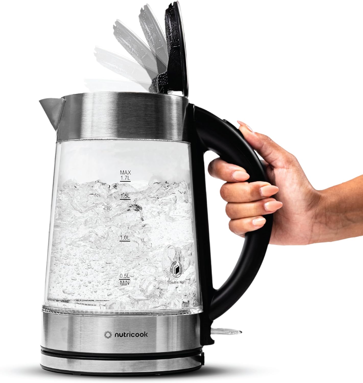 Nutricook Glass Kettle 2200W, 1.7L, Double wall Cool touch exterior, Auto Shut Off, Boil dry Protection, LED Indicator, 360° swivel base, Power Cord Storage, 2 Yr Warranty, GK100 3 Nutricook Glass Kettle 2200W, 1.7L, Double wall Cool touch exterior, Auto Shut Off, Boil dry Protection, LED Indicator, 360° swivel base, Power Cord Storage, 2 Yr Warranty, GK100 - الصورة 3