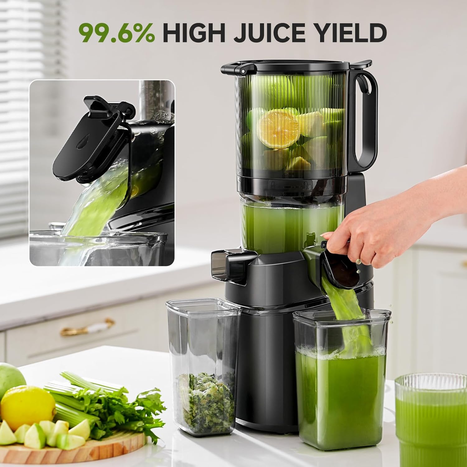 AMZCHEF 135mm Opening 1.8L Capacity Whole Fruit and Vegetable Juice Extractor, 250W Slow Juice Extractor with Triple Filter - Black 4 AMZCHEF 135mm Opening 1.8L Capacity Whole Fruit and Vegetable Juice Extractor, 250W Slow Juice Extractor with Triple Filter - Black - الصورة 4