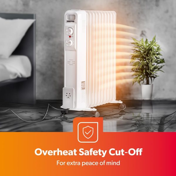 ⁦Geepas Oil Filled Radiator Heater, 2500W – Energy Efficient Electric Heater – 3 Power Settings, Adjustable Temperature & Low Running Cost – Ideal for Home Office – 2 Year Warranty, 11 Fins, White⁩ - الصورة ⁦7⁩