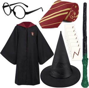 Magic Unisex Costume Robe Cape Accessories with Wizard Wand Tie Magic Hat Glasses Frame Tattoo for Boys Girls Adults Kids