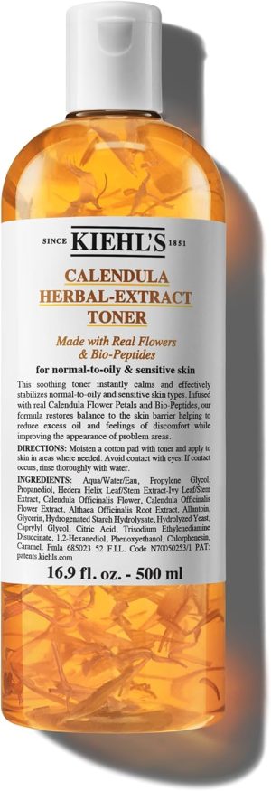 Kiehl's Calendula Herbal Extract Alcohol-free Toner, Soothing Facial Toner for Normal to Oily Skin, Visibly Reduces Redness & Oil, Improves Skin Texture, Paraben-free, Fragrance-free - 16.9 fl oz