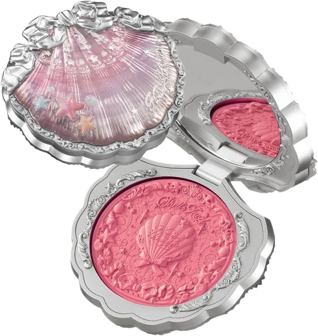 Flower Knows Shell's Jewel Silk Satin Embossed Blush, Berry Milk, Cool Pastel Berry Pink for Doll-Like Flush, Illuminating Shimmer, Vitamin E Hydrating Silky Powder Blush (05 Strawberry Bubble, 5g)