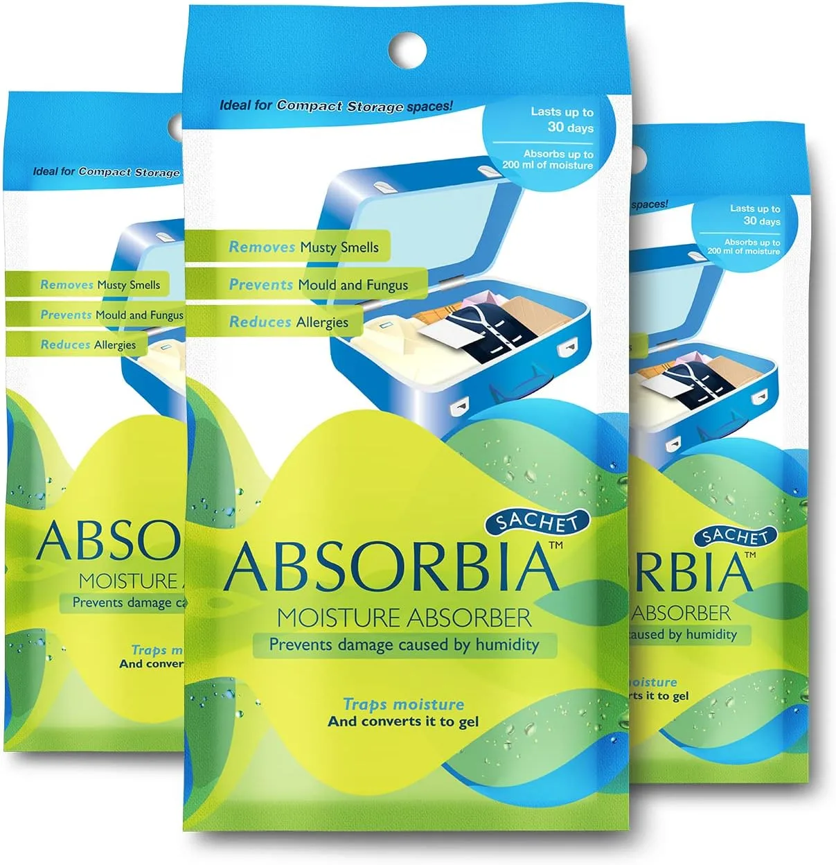 Absorbia Moisture Absorber | Absorbia Sachet - Pack of 3 (200ml Each) | Dehumidier for Bags, Suitcases & Drawers | Fights Against Moisture, Mould, Fungus & Musty smells