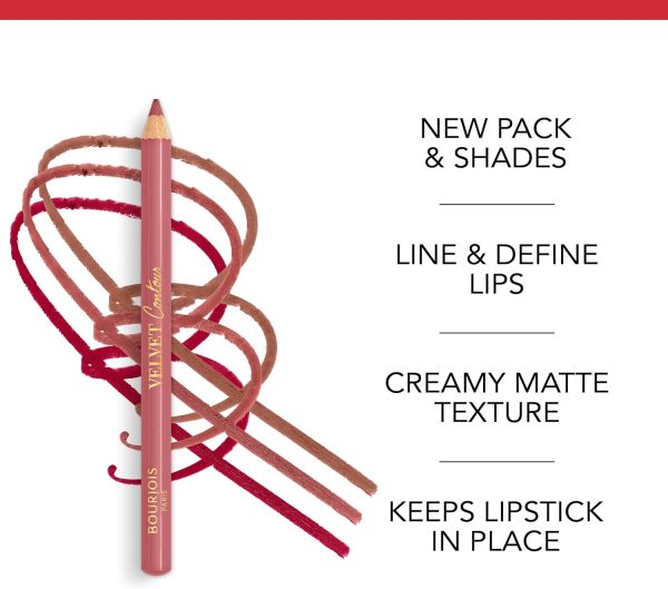 ⁦Bourjois Velvet Contour Lip Liner, 19 Place des Roses, Defines Lips, Creamy Matte Texture, Precise Application, Shea Butter, Grapeseed Oil, Long-lasting 8hr Wear, Zero Feathering or Smudging, 1.14g⁩ - الصورة ⁦5⁩