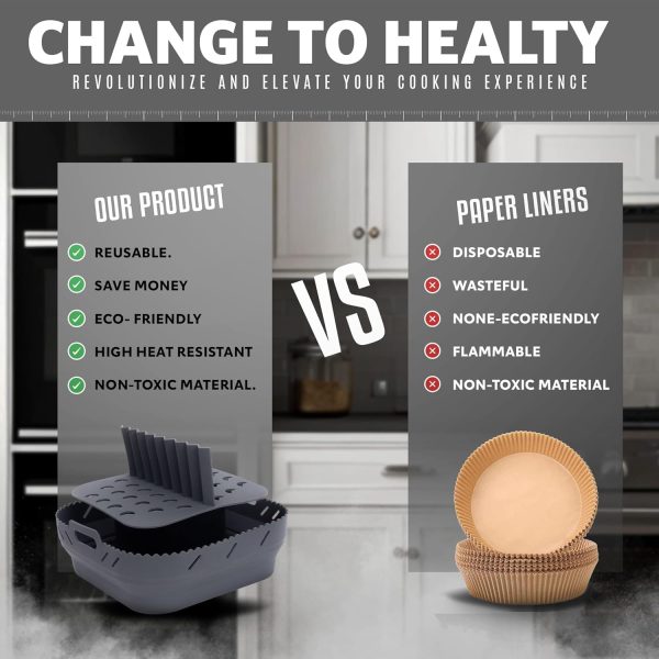 ⁦Excefore Air Fryer Silicone Liners, 8.5'' Square Air Fryer Silicone Basket, Heat Resistant Easy Cleaning Air Fryers Oven Accessories, Reusable Air Fryer Silicone Bowl with Divider, Gray⁩ - الصورة ⁦4⁩