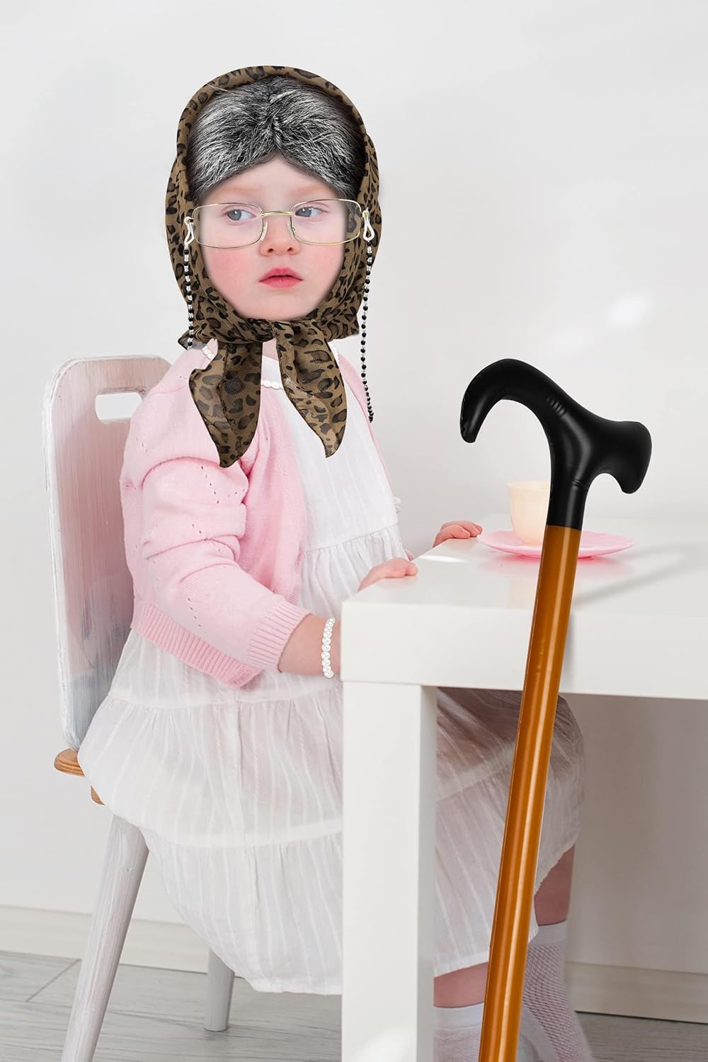 KASTWAVE 100 Days of School Old Lady Cosplay Set, Kids 100 Days of School Grandma Wigs, With Wig, Glasses, Faux Pearl Necklace, Bracelet, Inflatable Canes, Kerchief (7 Pieces) 7 KASTWAVE 100 Days of School Old Lady Cosplay Set, Kids 100 Days of School Grandma Wigs, With Wig, Glasses, Faux Pearl Necklace, Bracelet, Inflatable Canes, Kerchief (7 Pieces) - الصورة 7
