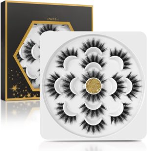 Excefore False Eyelashes Cat-Eye Fluffy Faux Mink Lashes 8D Wispy Lashes 7 Pairs Pack Dramatic Long Thick Volume Fake Eye Lash