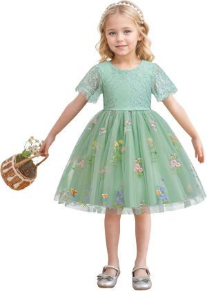 SEAUR Toddler Tutu Dress Floral Embroidered Tulle Party Dress Short Sleeve Girls Princess Party Dresses Summer Clothes 2-7 Years