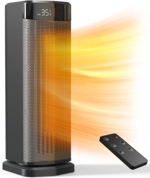 QEXREED 90°Oscillation 2000W PTC Electric Heater, 4 Modes, ECO Mode, Thermostat, 24H Timer, Remote Control, Anti-Fall Safety and Overheating for Indoor Use