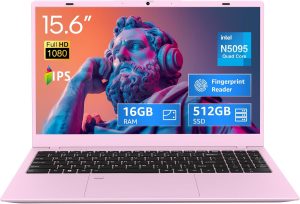 UOWAMOU 15.6-inch Win 11 Pro Laptop, 16GB RAM, 512GB SSD, FHD IPS Display Laptop Computer, N5095 Quad Core, 2.4/5G WiFi, BT4.2 Backlit and Fingerprint, Lightweight and Portable, Pink