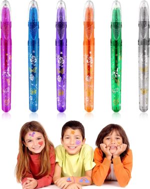 Temporary Tattoo Pen Set, 6 Pcs Glitter Tattoo Markers for Kids & Adults, Non-Toxic Body Art Pens for Halloween, Birthday Parties, and Carnivals