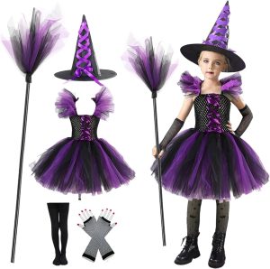 Yoawllty Hallo ween Witch Costume for Girls with Hat & Broom, Fancy Party Dress Up Outfit, Fairytale Witch Costume Cute Witch Costume Set Purple