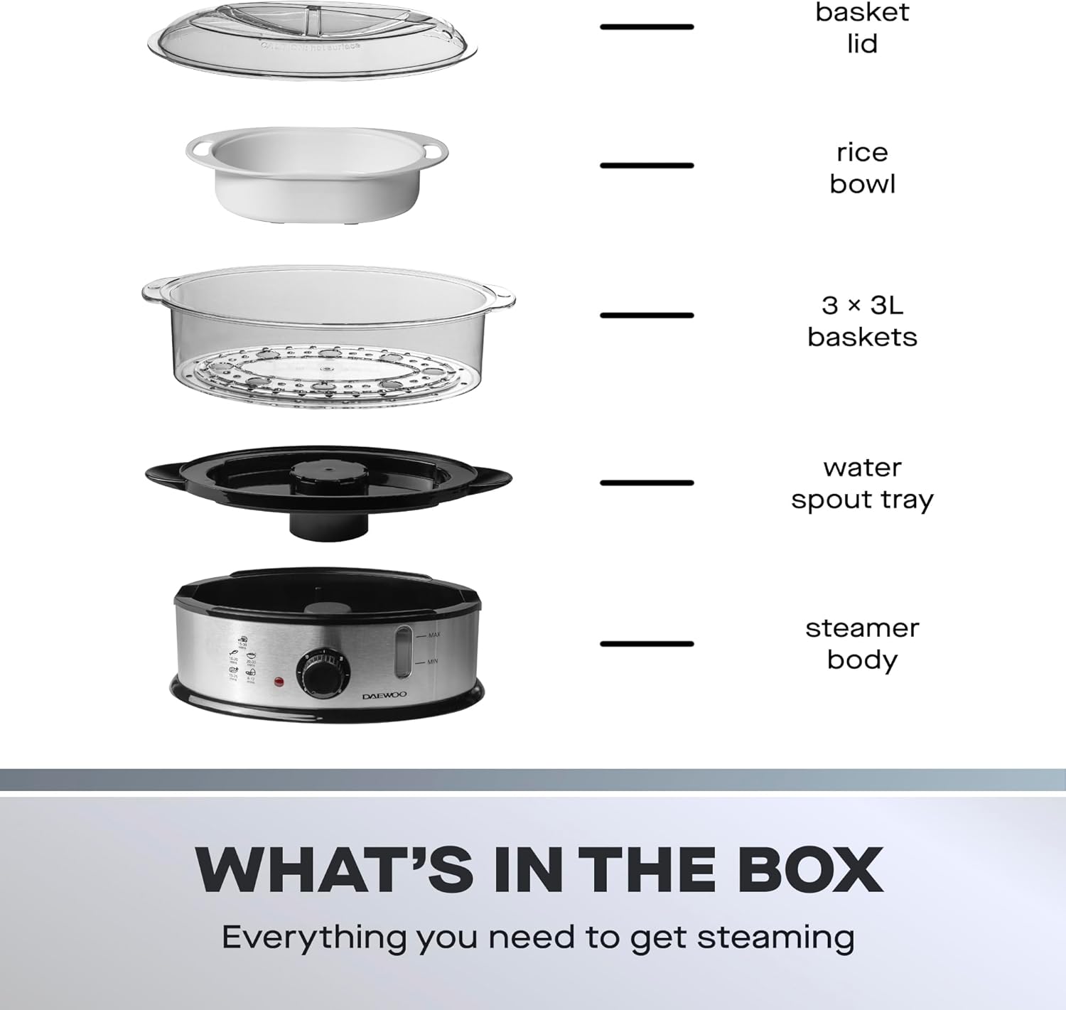 Daewoo SDA1338 3 Tier Family Size Food Steamer, Use for Variety of Foods, BPA Free Dishwasher Safe, Including Rice Bowl, Water Level Indicator, 60 Minute Timer, Energy Saving1200W, Stainless Steel, 9L 6 Daewoo SDA1338 3 Tier Family Size Food Steamer, Use for Variety of Foods, BPA Free Dishwasher Safe, Including Rice Bowl, Water Level Indicator, 60 Minute Timer, Energy Saving1200W, Stainless Steel, 9L - الصورة 6