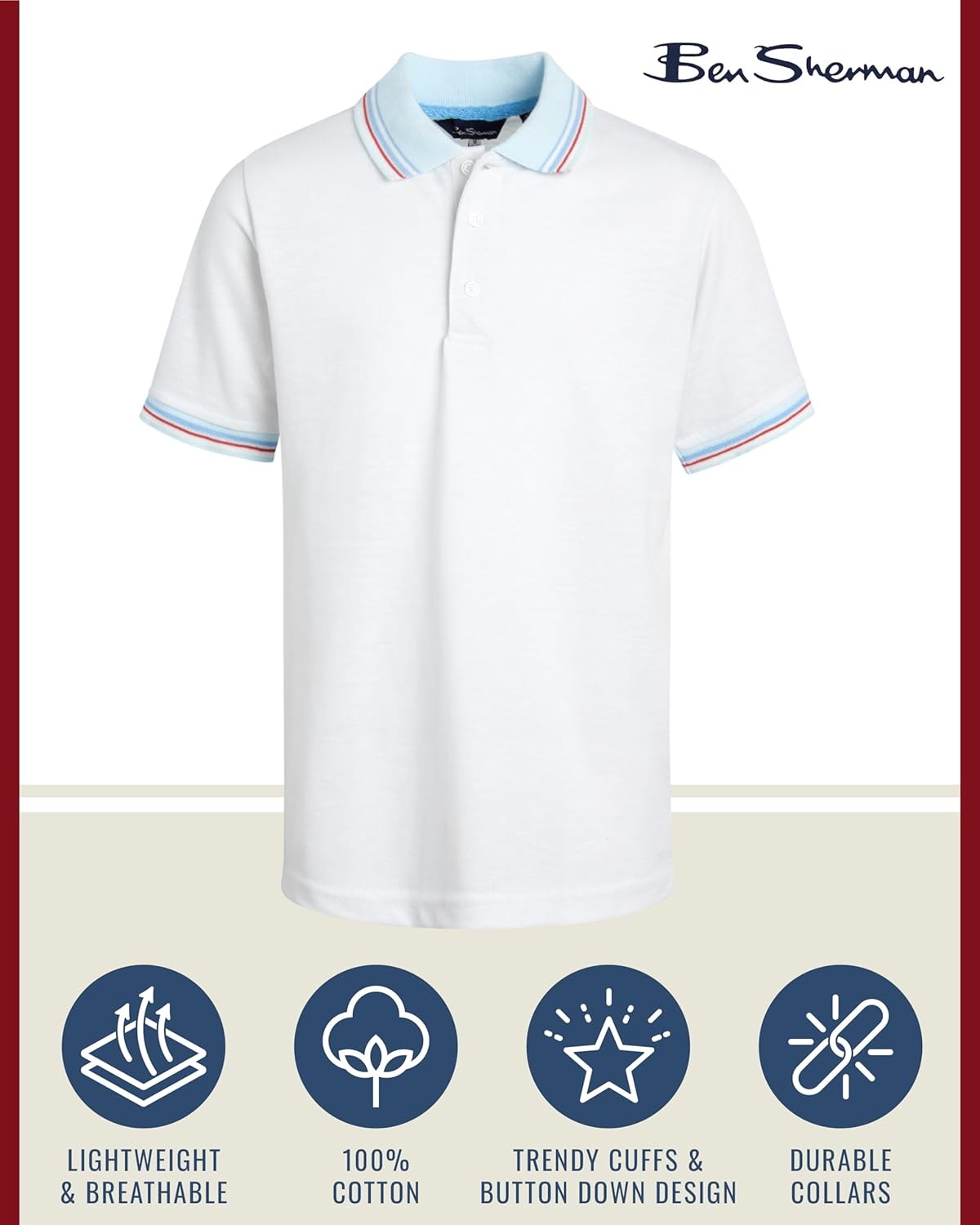 Ben Sherman Boys' Polo Shirt - Classic Fit Short Sleeve Pique Polo - Comfort Stretch Golf Shirt for Boys (8-18), Size 8, White 2 Ben Sherman Boys' Polo Shirt - Classic Fit Short Sleeve Pique Polo - Comfort Stretch Golf Shirt for Boys (8-18), Size 8, White - الصورة 2